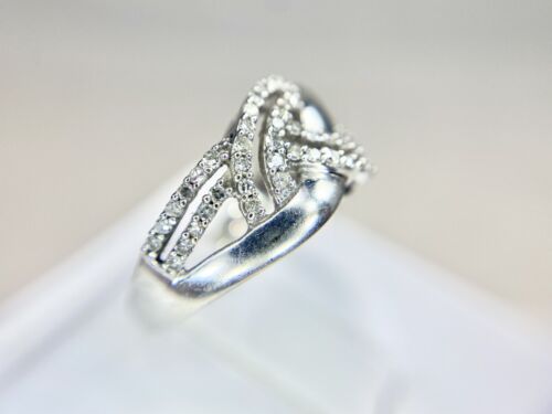 10k White Gold Designer Round Single Cut Natural Diamond Crisscross Bypass Ring