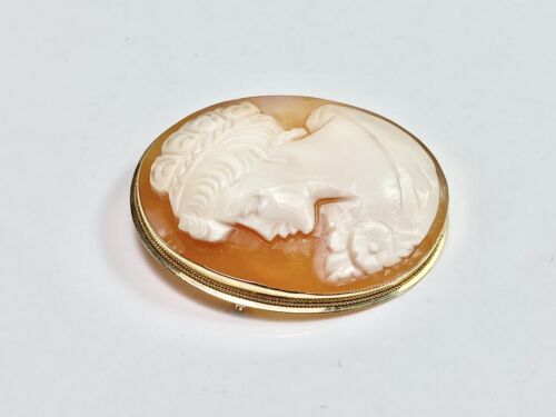 Vintage Art Deco 14k Yellow Gold Oval Shape Pink Lady Cameo Big Pin Pendant