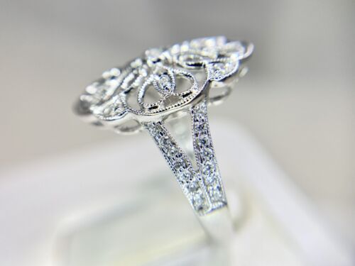 Vintage 14k White Gold Natural Round Diamond Filigree Small Cocktail Ring