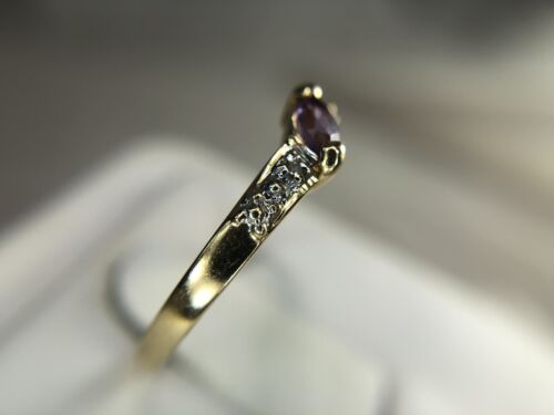 10k Yellow Gold Marquise Shape Pink Amethyst Round Diamond Stackable Ring