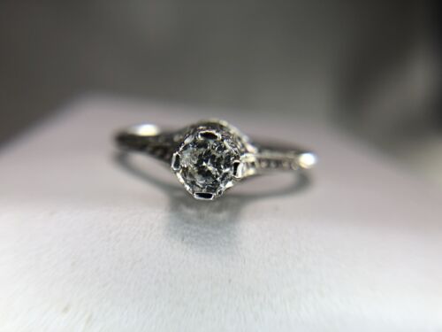 Vintage Art Deco 18k White Gold Round Natural Diamond Filigree Engagement Ring 