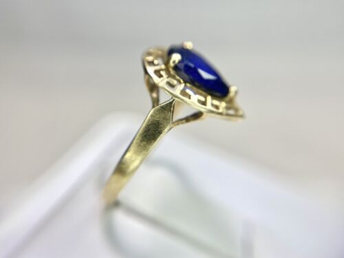 Vintage 10k Yellow Gold Pear Shape Blue Sapphire Solitaire Filigree Ring