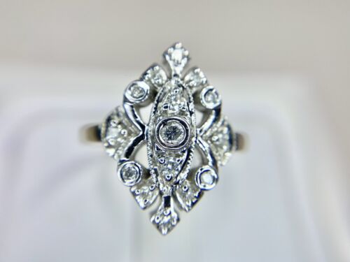 Vintage 10k White Gold Natural Round Brilliant Diamond Shield Cocktail Ring