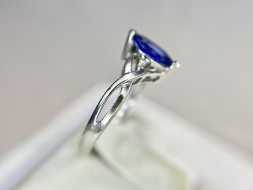 Vintage 10k White Gold Marquise Lab Created Blue Sapphire Round Diamond Ring