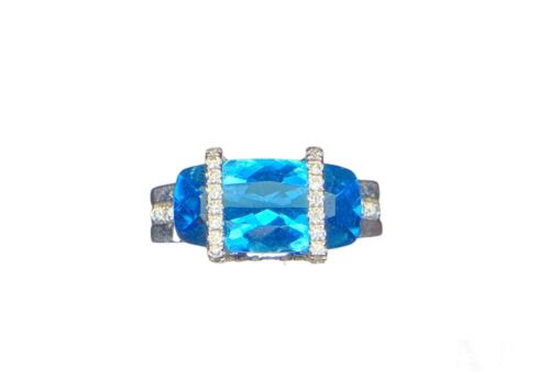 14k White Gold Designer Natural London Blue Topaz Round Diamond Ring