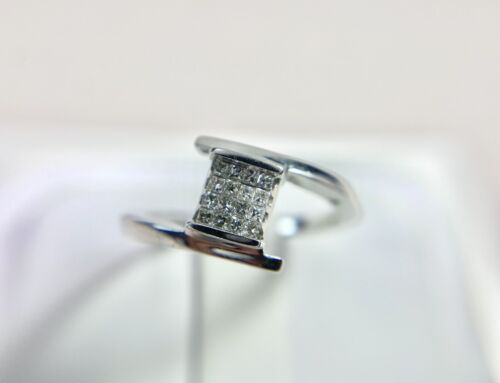 10k White Gold Designer Invisible Set Natural Princess Cut Diamond Bypass Ring