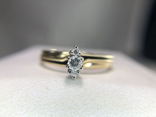 Vintage 14k Yellow Gold Round Brilliant Diamond Black Enamel Engagement Ring