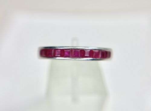 Vintage Art Deco 18k White Gold Natural Square Red Ruby Eternity Band Ring