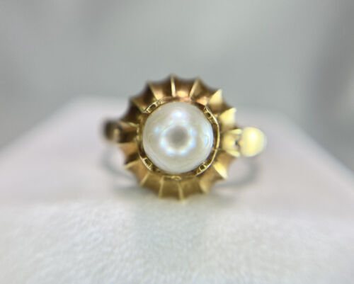 Vintage Art Deco 14k Yellow Gold Round White Cultured Pearl Solitaire Ring