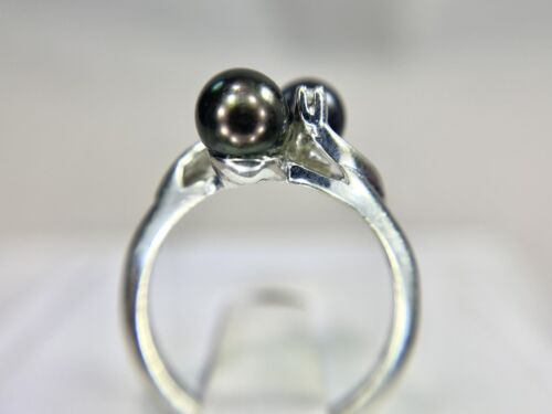 Vintage 14k White Gold Black Tahitian Pearl Round Pearl Diamond Bypass Ring