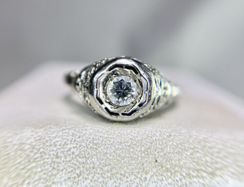 Art Deco 18k White Gold Natural Old Cut Round Diamond Filigree Engagement Ring