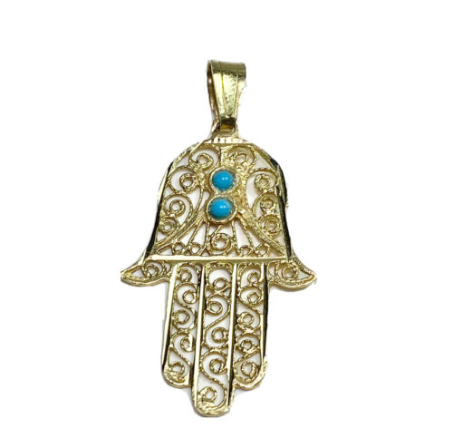 Vintage 14k Yellow Gold Blue Turquoise Hamsa Hand Evil Eye Pendant