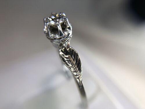 Vintage Art Nouveau Leaf 14k White Gold Old European Diamond Engagement Ring 