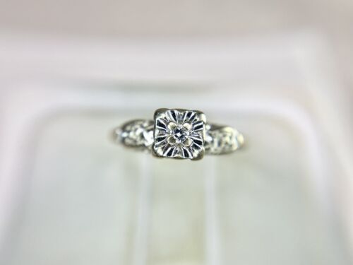 Vintage 14k White Gold Natural Round Brilliant Diamond Small Engagement Ring