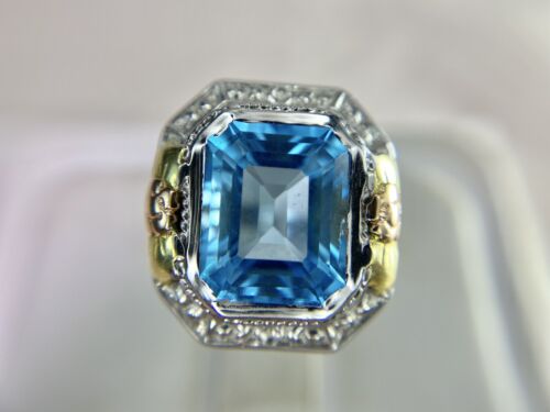 Vintage Art Deco 14k White Gold Emerald Cut Blue Topaz Filigree Cocktail Ring