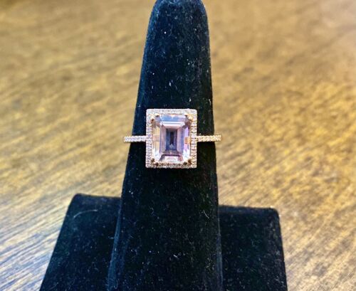 Vintage 14k Rose Gold Natural Emerald Cut Morganite Round Diamond Halo Ring