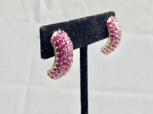 Vintage Signed 14k Yellow Gold Natural Round Red Ruby Cluster Big Stud Earrings