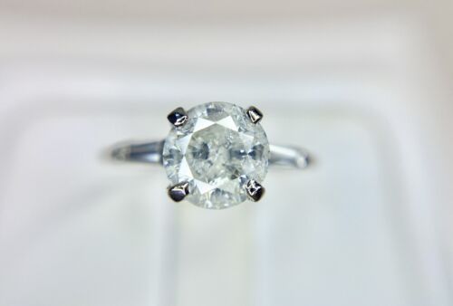 Vintage 14k White Gold Natural Round Baguette Cut Diamond Engagement Ring