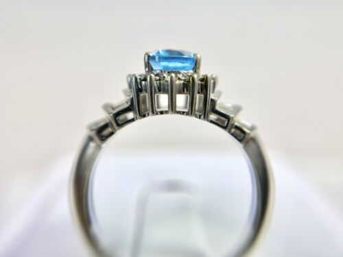 Vintage 10k White Gold Oval Blue Topaz Baguette Round Diamond Halo Cocktail Ring