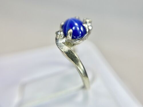 Vintage 14k White Gold Oval Lindy Blue Star Sapphire Round Diamond Bypass Ring