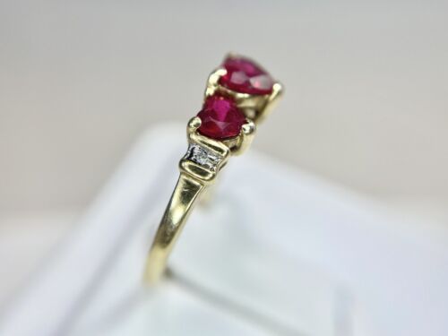 Vintage 10k Yellow Gold Lab Created Heart Shape Pink Ruby Round Diamond Ring