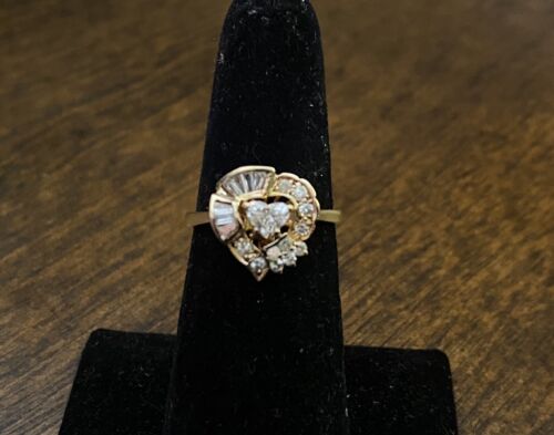 Vintage 14k Yellow Gold Natural Heart Shape Baguette Cut DIamond Cocktail Ring