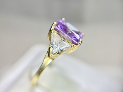 14k Yellow Gold Radiant Cut Trillion Fancy Vivid Pink Purple CZ Cocktail Ring