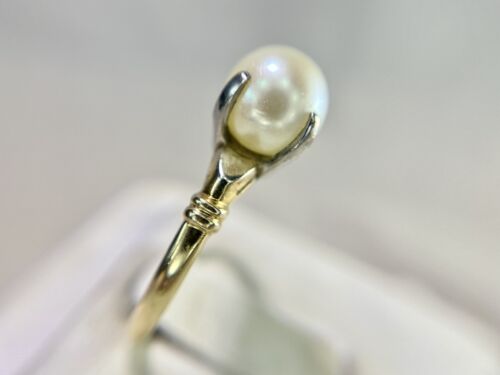 Vintage 14k Yellow Gold Akoya Cultured White Big Round Pearl Solitaire Ring