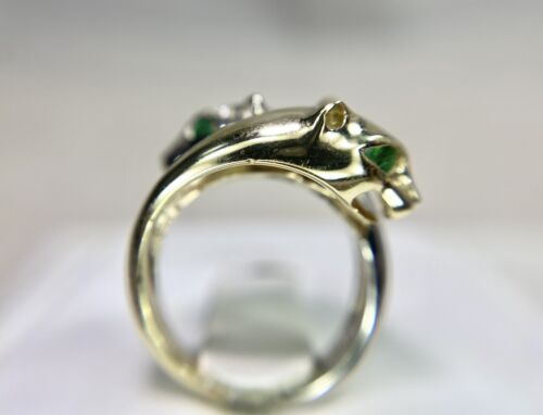 Vintage 14k Yellow White Gold Round Diamond Green Emerald Panther Head Ring