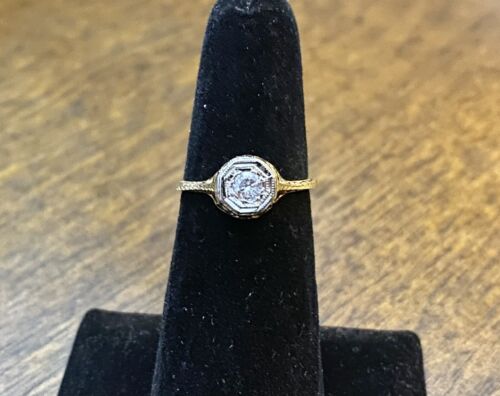 Vintage Art Deco 14k Yellow Gold Round Diamond Filigree Small Engagement Ring