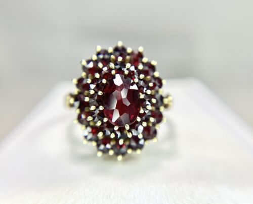 Vintage 14k Yellow Gold Natural Oval Round Rhodolite Garnet Cocktail Ring