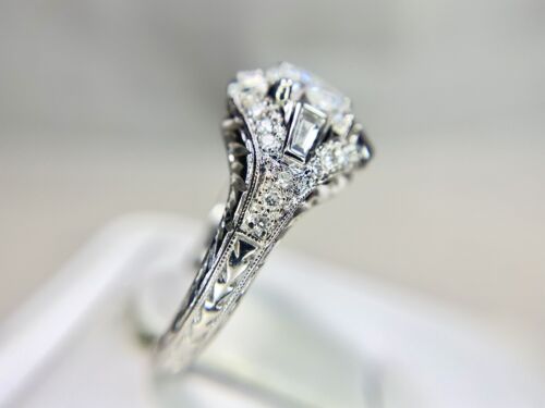 Vintage 18k White Gold Natural Baguette Cut Round Diamond Engagement Ring