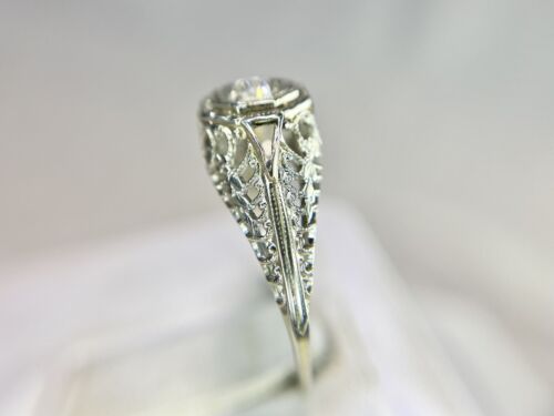 Art Deco 18k White Gold Natural Old European Diamond Filigree Engagement Ring