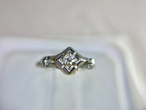 Art Deco 18k White Gold Old Miner Natural Diamond Filigree Small Engagement Ring