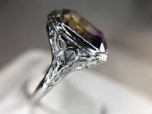 Art Deco 14k White Gold Emerald Cut Natural Ametrine Filigree Cocktail Ring