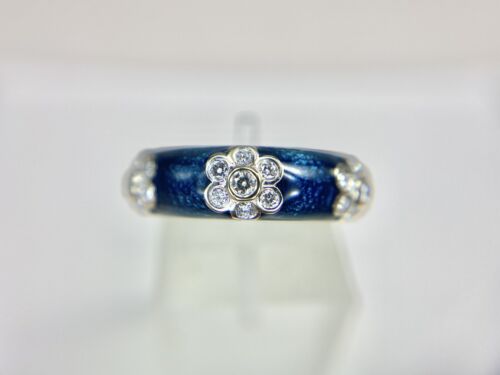 18k White Gold Natural Round Brilliant Diamond Bezel Set Blue Enamel Flower Ring