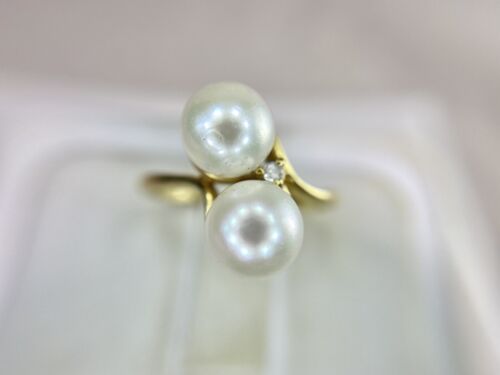 Vintage 14k Yellow Gold Round Diamond White Cultured Double Pearl Cocktail Ring