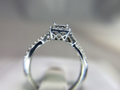 14k White Gold Princess Cut Round Diamond Cluster Halo Small Engagement Ring 