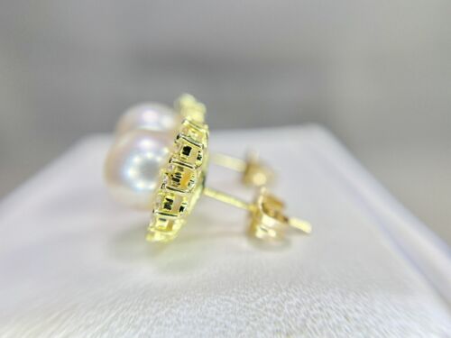 Vintage 14k Yellow Gold White Round Pearl Halo Natural Diamond Stud Earrings