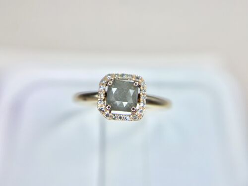 14k Yellow Gold Designer Cushion Cut Rustic Gray Diamond Halo Engagement Ring