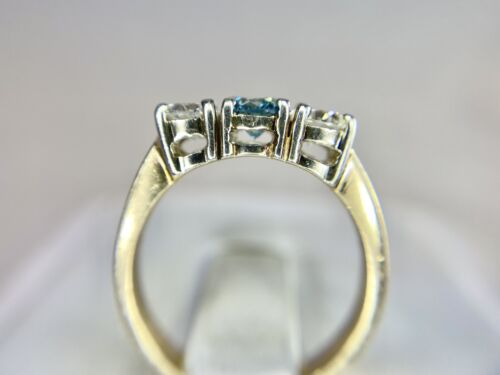 Vintage 14k Yellow Gold Fancy Vivid Blue Round Diamond Three Stone Ring 1 TCW