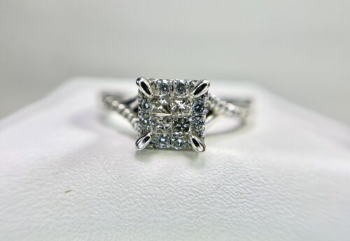 10k White Gold Designer Natural Princess Cut Round Diamond Halo Engagement Ring