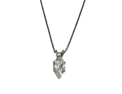 Art Deco 14k White Gold Natural Marquise Diamond Solitaire Pendant Necklace