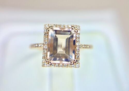 Vintage 14k Rose Gold Natural Emerald Cut Morganite Round Diamond Halo Ring