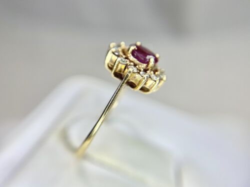 Vintage 14k Yellow Gold Oval Red Ruby Round Diamond Halo Small Cocktail Ring