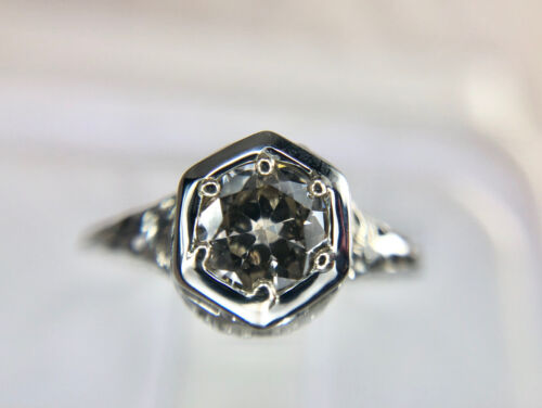 Vintage Art Deco 18k White Gold Old European Diamond Filigree Engagement Ring