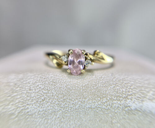 Vintage 10k Yellow Gold Natural Oval Pink Topaz Round Diamond Small Ring