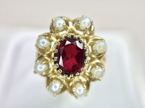 Vintage 14k Yellow Gold Natural Oval Rhodolite Garnet Pearl Big Cocktail Ring