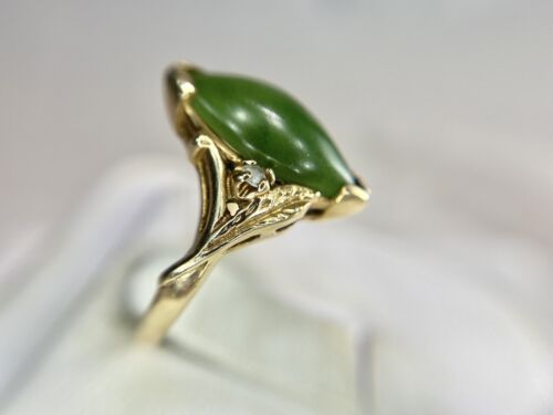 Vintage Designer 10k Yellow Gold Marquise Shape Dark Green Jade Ring