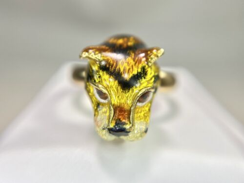 Vintage 14k Rose Gold Signed Designer Tiger Head Enamel Big Cocktail Ring